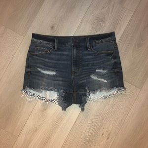 Destructed Peekaboo Lace Frayed High Waist Shorts